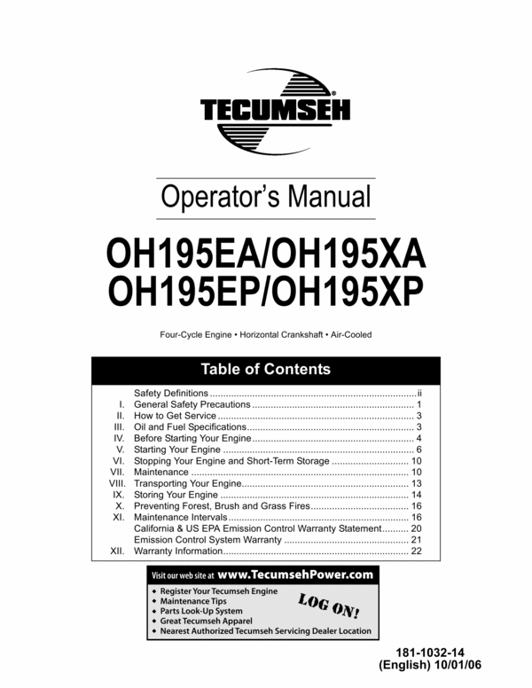 Product picture Tecumseh Engine (OH195EA/OH195XA) Manuals